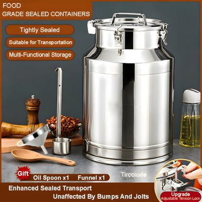 304 Stainless Steel Milk Can with Airtight Lid, 7.4Gal Heavy Duty Milk Transport Cans with Funnel Ladle, Sealed Container for Milk, Oil, Wine, Grain, Flour 28L - size: 28L