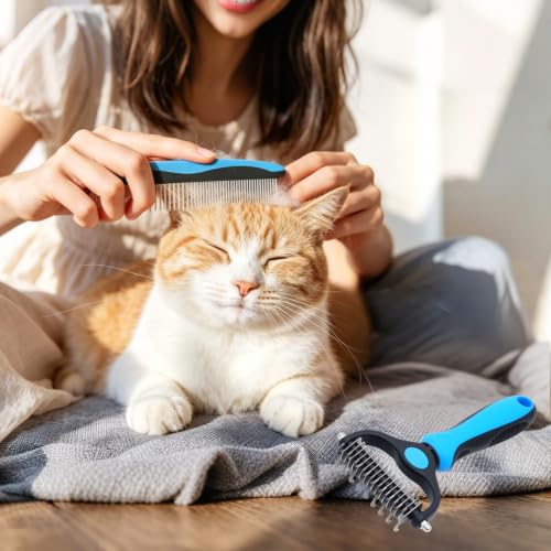 Pet Grooming Rake for Dogs & Cats - Double-Sided Deshedding and Dematting Tool, Gently Remove 95% of Loose Undercoat & Mats for Long-Haired Pets, Painless Fur Brush for Shedding Control (Blue+Comb) - color: Blue+Comb