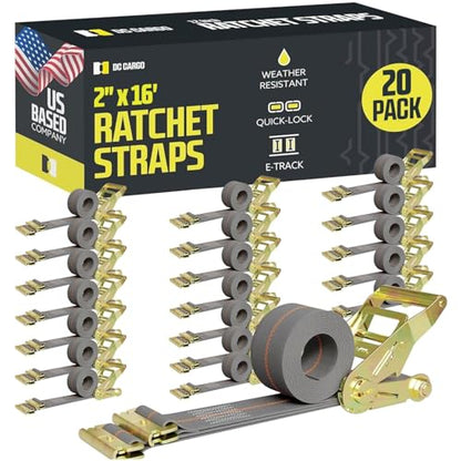 E Track Ratchet Straps Cargo Tie-Downs, (Pack of 20) 2 x 16 Heavy Duty Grey Tie-Down Rachet Straps, Strong Ratchet Strap, E Track Spring Fittings, Tie Down Motorcycle - size: 20 - Pack