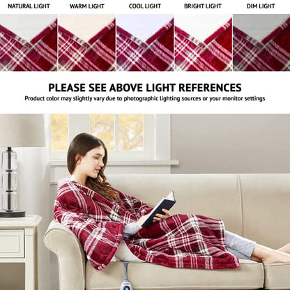 Beautyrest Wearable Electric Poncho Wrap Blanket, Ultra Soft Sherpa & Berber Fleece Heated Throw, UL Certified & OEKO-TEX, 3 Heat Settings & 2 Hour Auto Shutoff, Gift-Ready, 50" x 64", Red Plaid - color: Red Plaid, size: 50 in x 64 in