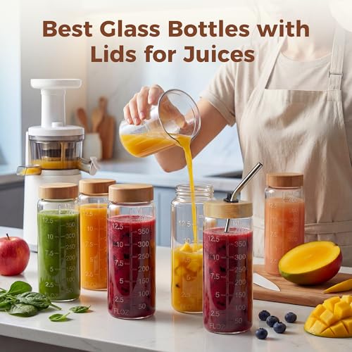 16 oz Round Glass Juice Bottles with Airtight Bamboo Lids, Reusable 6 Pack - color: 16oz - 6 Pack