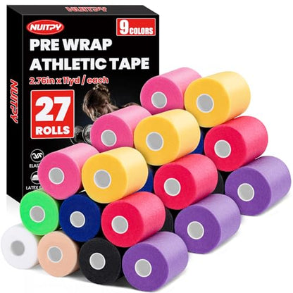 27 Pack Pre Wrap Tape, 9 Colors 2.76 Inch x 11 Yards Prewrap Athletic Tape - color: 9 Colors-27 Pack
