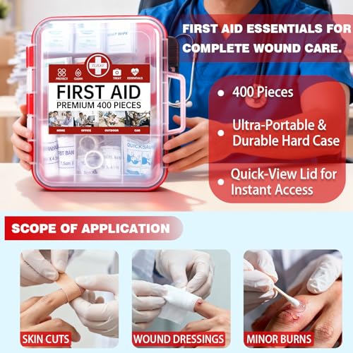 400 Pieces All-Purpose First Aid Kit, Organized Dual-Layer Wall