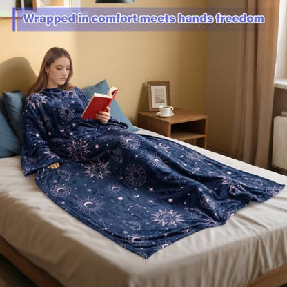 Catalonia Wearable Blanket with Sleeves for Women & Men, Fleece Wrap Throw - color: Astrology Navy