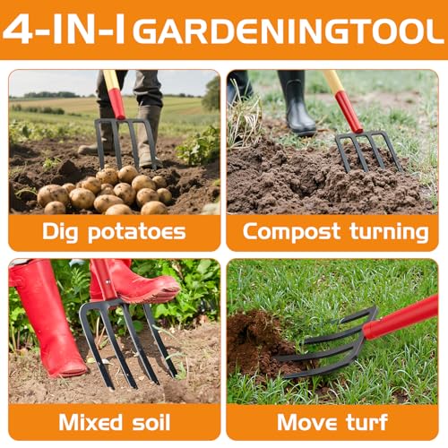 Pitch Fork Pitchfork,4-Tine 45Inch Wood Y-Grip Garden Spading Fork | Heavy duty steel fork,wide anti-clog tines,hardwood Y grip for clay soil, compost, mulch and vegetable gardening.