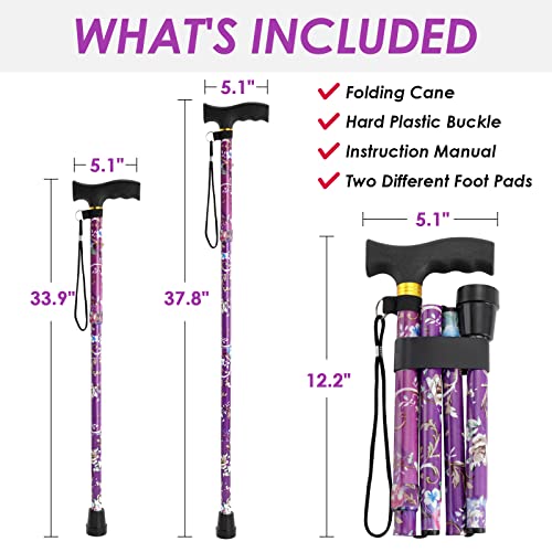 Walking Cane PANZHENG Cane for Man/Woman | Mobility & Daily Living Aids | 5-Level Height Adjustable Walking Stick | Comfortable Plastic T-Handle Portable Walking Stick Folding Cane - color: Cane-Purple print