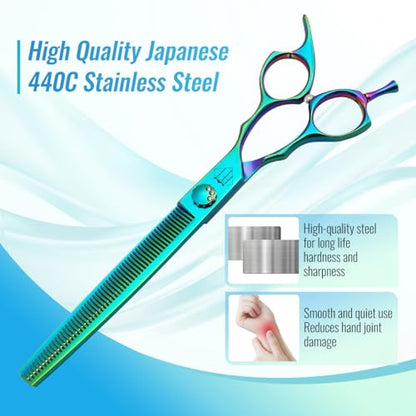 Dog Grooming Scissors: 7" Straight Pet Shears Skeletonized blade Made Of Japanese 440C for Trimming Dogs Cats and Other Pets Green (Thinning G, 7") - style: Thinning