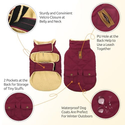 Queenmore XS Waterproof Dog Winter Coat Plush Lining Warm Puffer Jacket - color: Burgundy, size: X-Small
