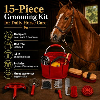 Horse Grooming Kit, 15-Piece Horse Brush Set with Red Tote Bag, Long Shedding Blade, Hoof Pick, Curry Comb, Sweat Scraper, Mane and Tail Comb, Gloves, Equine Grooming Supplies - color: Red