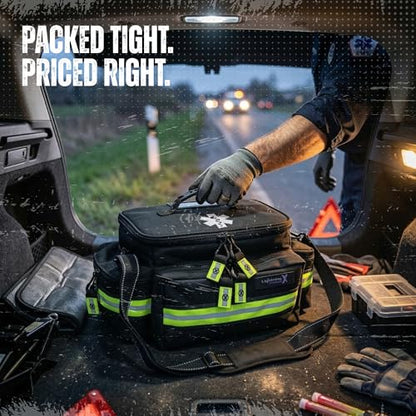 Lightning X Medium First Responder EMT Bag | LXMB25 | w/Reflective, Shoulder Strap & Zippered Compartments for First Aid + Trauma Supplies - Black - color: Black