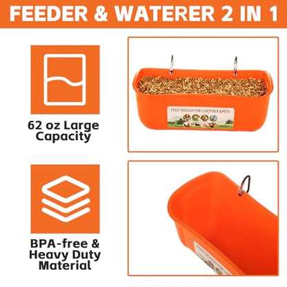 6 Pack Hanging Chicken Feeder Trough, Duck Feeder for Outside with Clips, Water Trough for Duck Goose Goat Pig Deer, Durable Poultry Feeding Water Container, Orange
