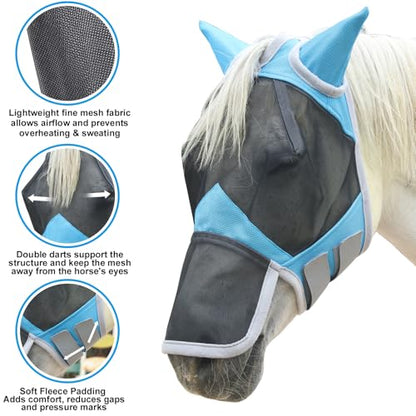Horse Fly Mask with Ears & Long Nose, Fine Mesh Pale Blue Pony - color: Pale Blue, size: Pony