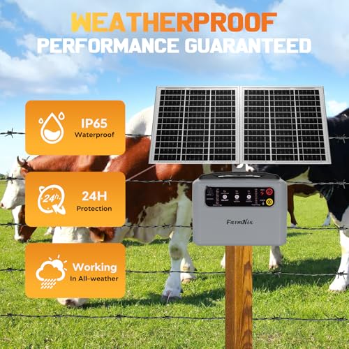 Electric Solar Fencer Kit 30Miles Solar Fence Charger w/Pre-Installed Battery,6-12kV Adjustable Solar Fence Controller 15W Ranch Fencing Charger for Cattle,Horse,Goat,Deer&Livestock Protection