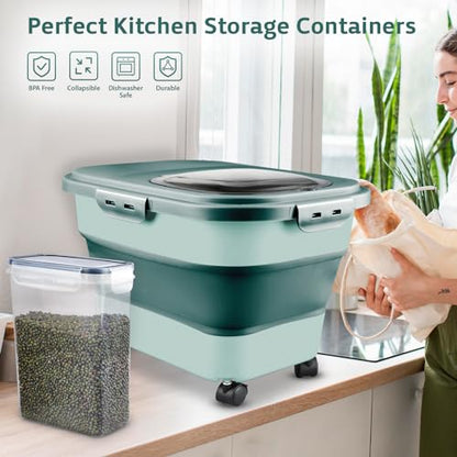 Komzon Rice Storage Containers, Collapsible 20 to 30Lbs Food Storage Bin Dispenser with Rolling Wheel and Clear Airtight Lid, BPA Free Flour, Sugar, Cereal and Dog Cat Pet food Containers - color: Green