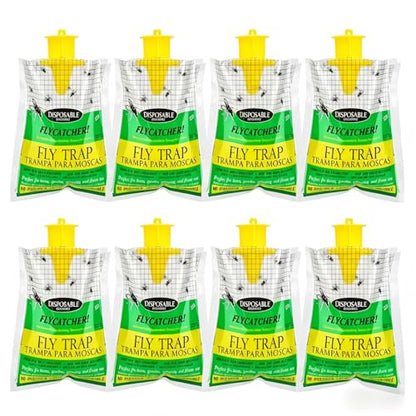 8-Pack Hanging Fly Trap Set with Disposable Bags; Includes Bait, Non-Toxic; Ideal for Backyards, Farms, Barns, Patios, and Gardens