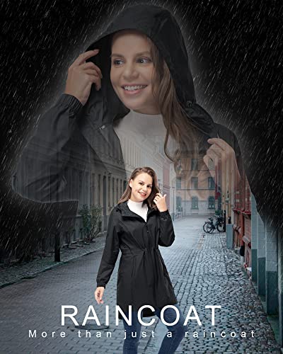 33,000ft Women's Waterproof Long Rain Coats Packable Rain Jacket with Hood - color: Black, size: X-Large