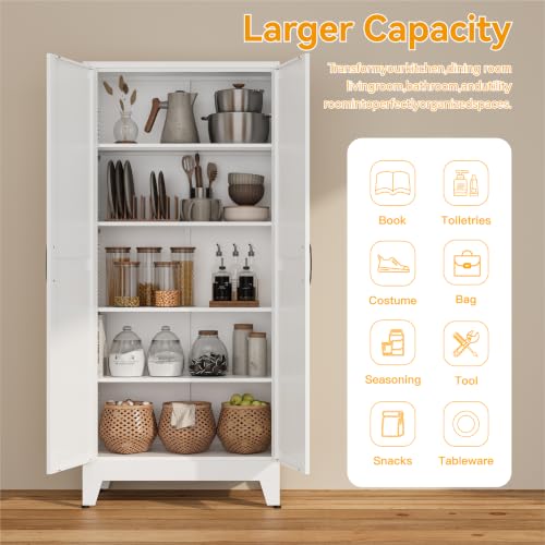 COFaR Metal Kitchen Cabinet with 2 Door and 4 Adjustable Shelves, 71" White - color: White, size: 71H