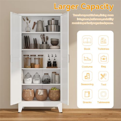 COFaR Metal Kitchen Cabinet with 2 Door and 4 Adjustable Shelves, 71" White - color: White, size: 71H