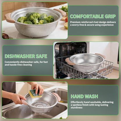 Colander Set with Plastic Handles, Stainless Steel Micro-Perforated Colanders Strainers for Draining Rinsing Washing, Ideal for Pasta Vegetables Fruits, Heavy Duty & Dishwasher Safe - color: Khaki