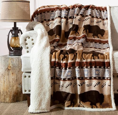 Carstens, Inc. Carstens Wrangler Buffalo Southwestern Sherpa Fleece 54x68 Throw Blanket, 54" x 68", Brown - color: Brown