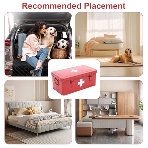 First Aid Box Empty, Metal Medicine Box with Safety Lock, Medical Storage Organizer, First Aid Kit Supplies Organizer for Emergency Set (Red)