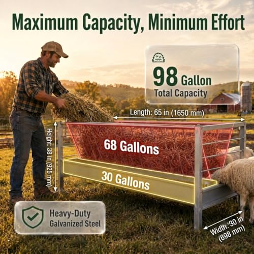98 Gallon Livestock Feeder, Galvanized Goat Hay and Grain Feeder for Farm