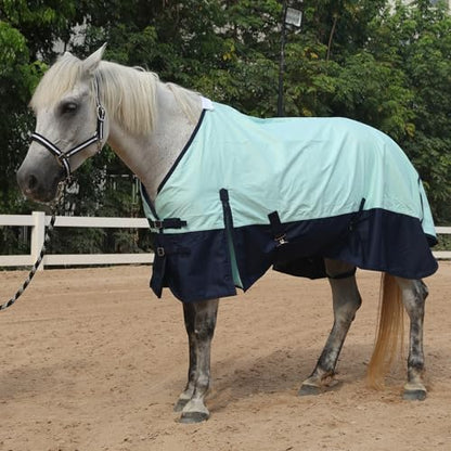 600D Horse Blanket, 0g No-Fill Waterproof Turnout Rain Sheet | Ripstop Outer, Waterproof Breathable Shell, Smooth Lining, 0g Fill, Keep Dry in Rain & Mud, Tail Flap Coverage, Pasture Use - color: Turquoise/Navy, size: 69"