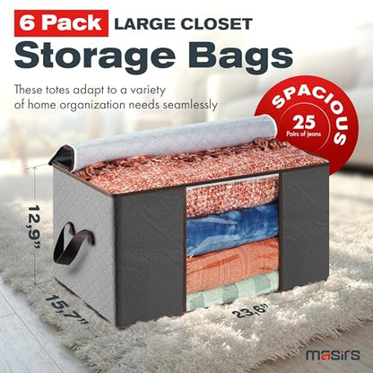 Storage Bags For Clothes - 6-Pack Collapsible Organizers for Blankets, Bedding & Clothes - Large 90L Zip Bags with Handles - Clear Durable Containers for Closet Organization (Grey)