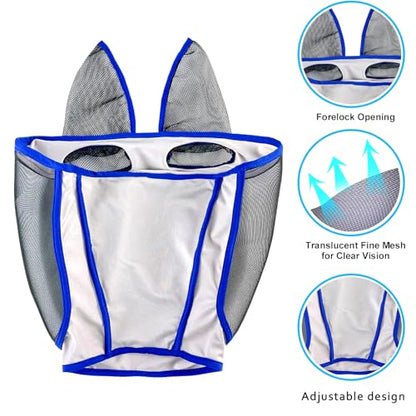 Horse Fly Mask with Ears – Breathable Mesh Fly Masks for Horses,Blue Trim, All-Day Protection(Blue,M) - size: M
