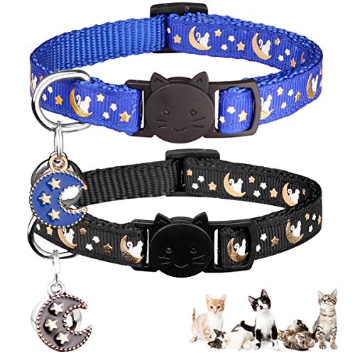 2Pcs Breakaway Cats Collars Cat Collars for Boy Cats Moons Adjustable Kitten Collars with Bell & Pendant Glow in The Dark,Black+Blue - color: Black+Blue, size: 7.0-10.7''