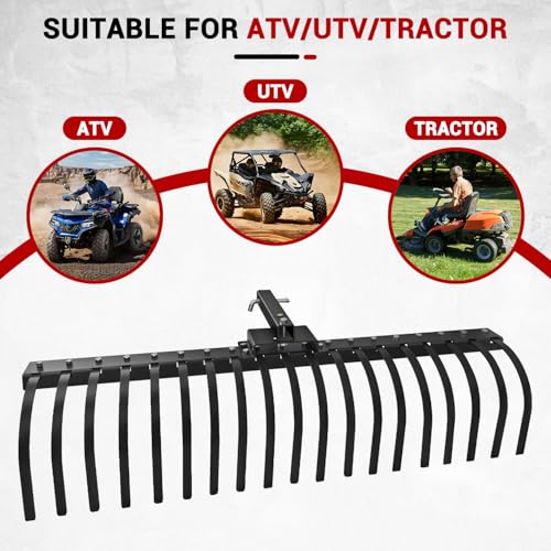55 Inch Tow Behind Landscape Rake, Black Durable Tractor Rake with 2 Inch Receiver Fit for Lawn Tractor ATV UTV, All Steel Anti-Rust Yard Rake for Pine Needles Leaves Grass Cleanup (55 Inch) - size: 55 Inch