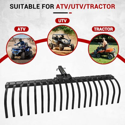 55 Inch Tow Behind Landscape Rake, Black Durable Tractor Rake with 2 Inch Receiver Fit for Lawn Tractor ATV UTV, All Steel Anti-Rust Yard Rake for Pine Needles Leaves Grass Cleanup (55 Inch) - size: 55 Inch