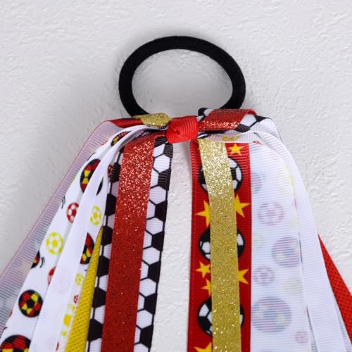 Soccer Ponytail Streamer Cheer Ribbons Hair Elastics Ties Glitter Red Yellow Sports Bow Pony Holder for Girls Women Cheerleaders, Soccer Moms, Players Game Day Accessory Birthday Gift - color: Soccer-S