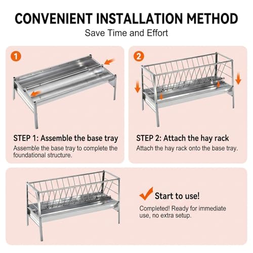 Goat Hay Feeder with Grain Water Pan, 94-Gallon Capacity|Stainless Steel Frame|Safe Rounded Edges, 63" Long Livestock Hay Rack for Goats, Sheep, Cow, Horse