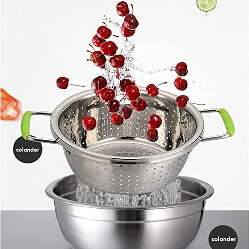 Stainless Steel Deep Colander Micro-perforated 2.5 Quart Metal Food Strainer with Green Silicone Handles for Draining Pasta Cleaning Food like Fruit - color: Green Double Handle 2.5 Quart