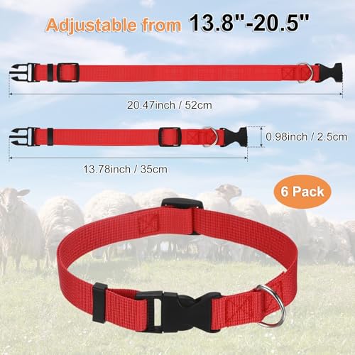 Generic 6-Pack Goat Collars with Bells, 13.8"-20.5" Polyester Adjustable Pet Collar with Anti-Lost Grazing Copper Bell for Small Farm Animal/Sheep/Cow/Goat [Red]