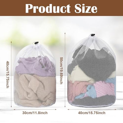 2Pcs Mesh Laundry Bags, White Travel Small Laundry Sock Bag, Machine Washable Drawstring Mesh Bags, Sock Bag for Home Dorm Hotel Travel Use(12×16Inch, 16×20Inch)