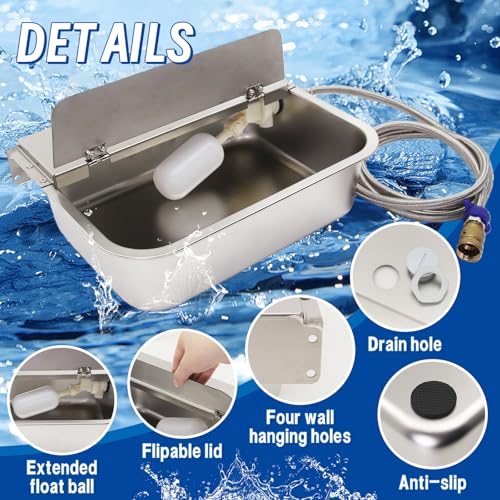 Automatic Animal Drinking Water Bowl，304 Stainless Steel 6L Large Dog Water Bowl with Float Valve Wall-mountable Water Dispenser Include Pipe and Quick Connecter,for Dog Horse Goat Pig Cow