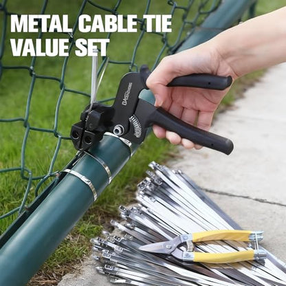 Heavy Duty 304 Stainless Steel Cable Tie Gun Kit - 100PCS 11.8" Metal Zip Ties (200LBS) + Industrial Scissors, UV Resistant Tool - Fence Ties, Exhaust Pipe, Chicken Coop, Industrial Use