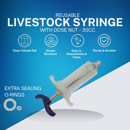 Reusable Veterinary Syringe with Dose Nut (30cc) – Durable Plastic Barrel - size: 30cc
