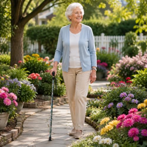 supregear Folding Cane, 5-Level Adjustable Height Walking Stick Lightweight Collapsible Portable Travel Cane with Wrist Strap and T Handle for Elderly Disabled Men Women - color: Green Floral