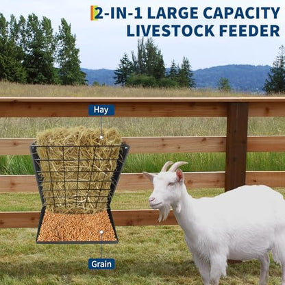Wall Mounted Hay Rack, 2 in 1 Hay & Grain Livestock Feeder - color: Black