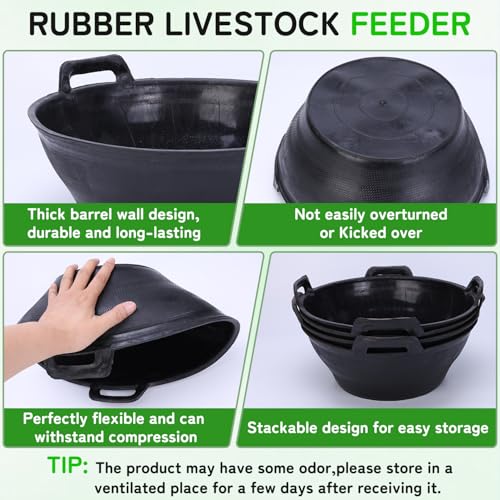 4 Pack 3.1 Gallon Rubber Feed Pan with Handle,Multi-Purpose Flexible Rubber Bucket Pan,Animal Feeding Trough & Dust Bath Container for Horses,Goats,Chickens,Pig,Farm,Garden,DIY