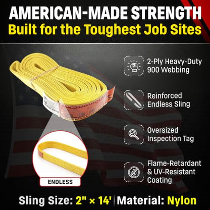 DD Sling 2" x 14' Nylon Endless Lifting Sling – USA Made | 12,800 lb Vertical, 10,200 lb Choker, 25,600 lb Basket – 2 Ply Heavy Duty 900 Webbing, Type 5 Endless Rigging Sling - size: 2"x14'