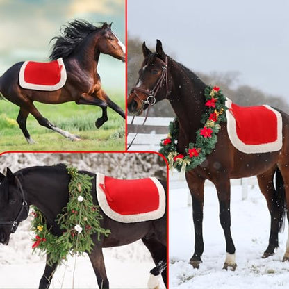 Abbylike Christmas Horse Saddle Pad Red Green Santa Saddle Pad with Faux Fur Trim for Horses, Dressage, Jumping & Training