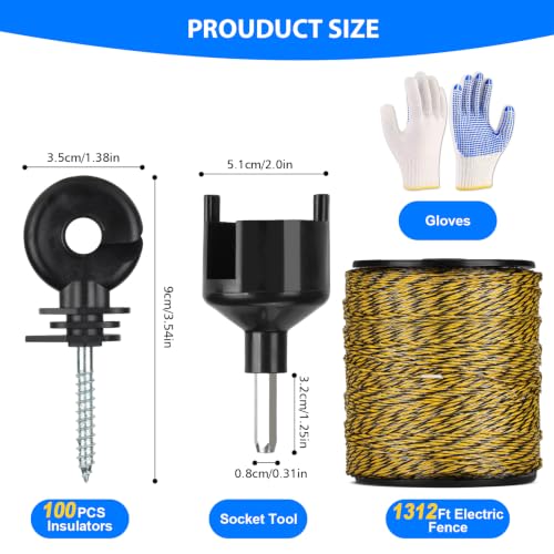 Electric Fence Wire Kit - Upgraded 1312 Feet 9 Strands Electric Fence Polywire with Reliable Conductivity & Rust Resistance - 100 Pcs Electric Fenceing Insulator with 1 Pcs Socket Tool & Gloves - color: 1312FT-KIT