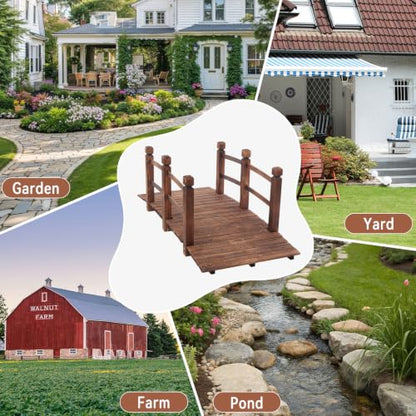 Outvita 5FT Stained Wooden Garden Footbridge with Safety Railings - size: 5ft-carbonated