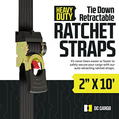 DC Cargo Mall Auto Retractable Ratchet Straps (4-Pack) 2” x 10ft, Heavy Duty, 3,033lb Break Strength – Tie Down Straps for Cargo, Truck, Trailer, Boats - size: 2 (Pack of 2)