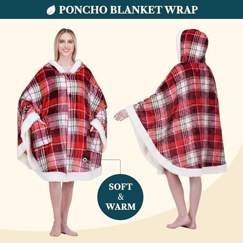 PAVILIA Hooded Blanket Poncho Fleece Wearable Shawl Wrap Throw Tartan Plaid | Fleece Shawl Wrap with Hood, Adult Wearable Blanket, Cozy Warm Poncho Cape Throw with Pockets, Gift for Elderly Mom - color: Tartan Plaid