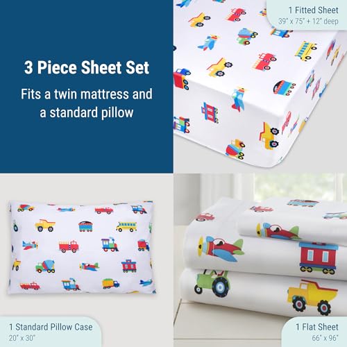 Wildkin Twin Sheet Set – Soft Microfiber, Fitted & Top Sheet, Pillowcase - Trains, Planes, and Trucks - color: Trains, Planes, and Trucks